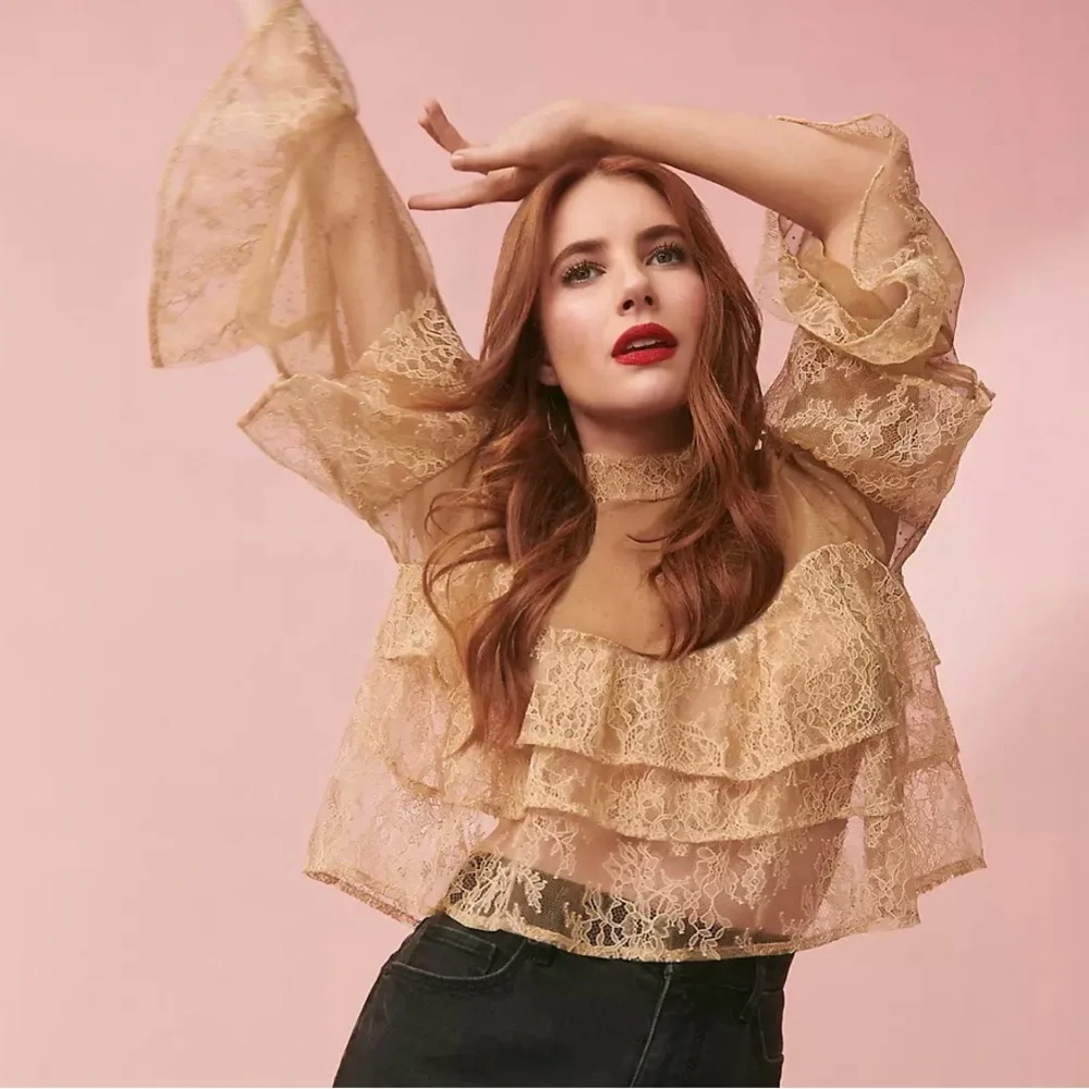 LOFT Velvet Dotted Chantilly Lace Ruffle Top - Picture 3 of 8